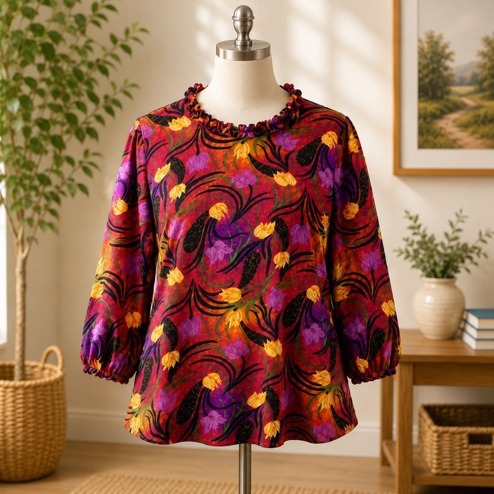 Floral Ruffle Neck Blouse Womens M Multicolor 3/4 Sleeve Lettuce Edge